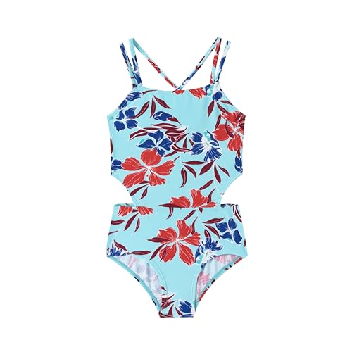 Image of LIZENS Girls' One Piece Leopard Swimwear Cut Out Spaghetti Straps Swimsuit Floral Beach Bathing Suit for Girls Toddler Kids