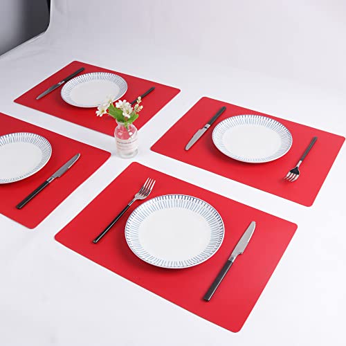 Wintersweet Pu Faux Leather Placemats, Flower Embossed, New Oriental Chinese Style, Holiday Home Decor, Waterproof Wipeable, Fiery Red, 17X11.8, 6Pk #TOP4