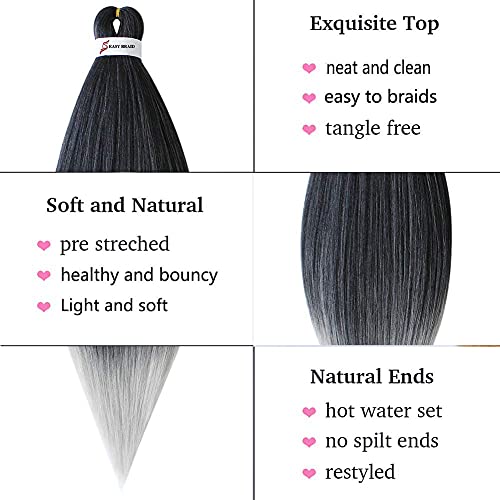 Msbelle Pre Stretched Braiding Hair 20 Inch Braiding Hair Ombre Braiding Hair 6 Packs/Lot Braiding Hair Pre Stretched Extensions Yaki Texture Hot Water Setting(20Inch,Black Silver Grey) #TOP4