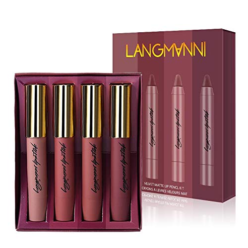 LANGMANNI 4pcs kit matte Lipstick Waterproof Nutritious Velvet lip stick Red Tint Nude batom makeup set (6)