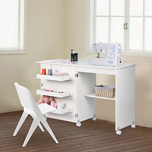 NSdirect Sewing Table, Foldable Sewing Craft Cart&Sewing Cabinet Miscellaneous Sewing Kit Art Desk with Storage Shelves and Lockable Casters, White