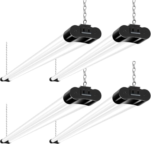 hykolity 4 Pack Linkable LED Shop Light, 4FT 42W [250W Equivalent], 4400lm, 5000K Daylight, with Plug, Utility Light Fixture, Hanging or Surface Mount, Black