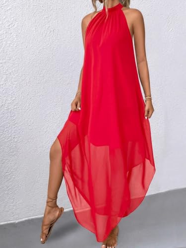 Image of Verdusa Women's Wedding Guest Dress Halter Flowy Chiffon Long Bouncy Dress | Cocktail Dress, Asymmetrical Dress for Women, Sleeveless, Prom Dress, Cruise Outfits, Boho