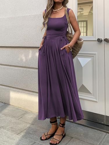 Image of Mieazom Women's Boho Summer Maxi Dress with Pockets, Adjustable Waist, Sleeveless Casual Ruched Sundress for Beach Vacation
