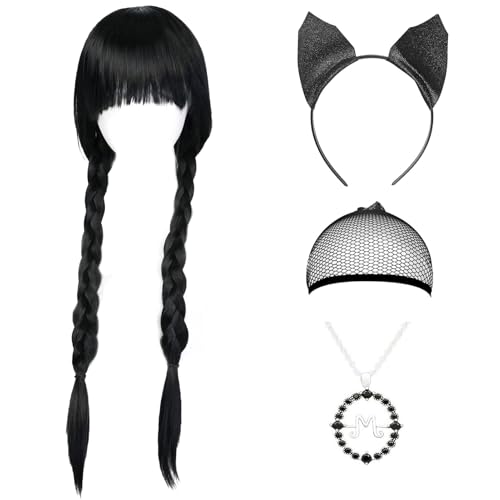 Wednesday Perücke 4 Stück Schwarz mit Halskette und Stirnband Geflochtene Lange Zopfperücke mit Pony Erwachsene Kinder für Cosplay Karneval Halloween Party