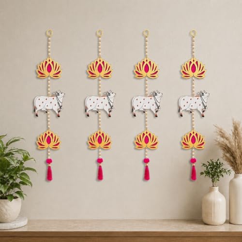Image of JH Gallery Pichwai Cow Lotus - Ganesh Chaturthi Decoration Items for Home, Handmade Ganpati Makhar & Mandap Backdrop, Temple & Wall Hanging Decor (26 Inch, Pack of 4)