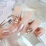 BHIDENAW ネイルチップ ショート 24枚入 人気 和風 かわいい シンプル おしゃれ 成人式 結婚式 パーティー 日常生活に使用できます 花嫁ネイル 光沢 つけ爪 両面テープ ウッドスティック (一目惚れ I20, M)