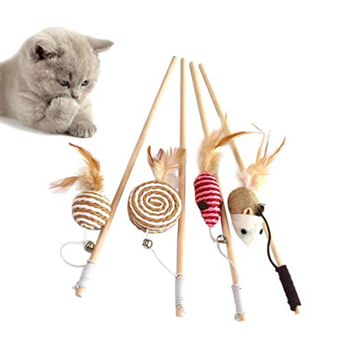 4 peças pegador de gato varinha de madeira com sinos, haste elástica engraçada gato rato pena peixe