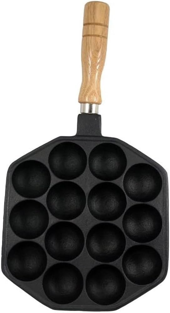 Ikenaga Iron Works Takoyaki Plate, 14 Holes, Wooden Handle, Induction & Gas Compatible, Snack Gourmet Manmaru Plate, Ahijo
