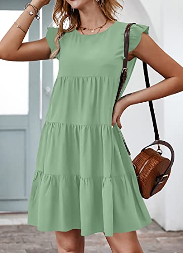 KIRUNDO Women's Casual Dresses 2026 Summer Sleeveless Ruffle Sleeve Round Neck Loose Short Flowy Tiered Pleated Mini Dress(Green, X-Large) — view 2