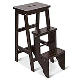 Giantex 3 Tier Folding Step Ladder, Multifunction 3-in-1 Wood Step Stool, 353 lbs Capacity Display Ladder and Storage Shelf for Library, Home Kitchen, Household Work (Brown, 30''H)