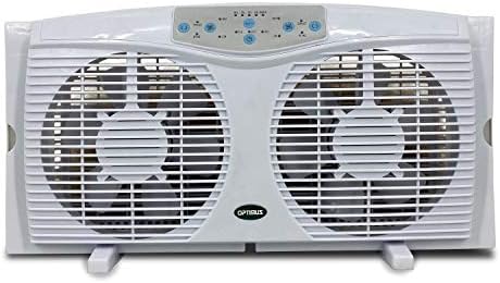 Optimus F-5286 Reversible Twin Window Fan with Thermostat and LED, 8-Inch, White