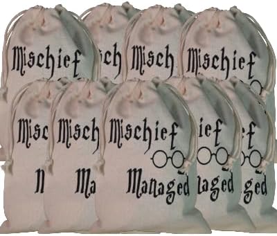 Mischief Managed Wizard Theme Premium Organic Muslin Drawstring Pouch – Screen Printed Cotton Bag, Natural Beige, 5.2x8 Inches, Hangover Kit, Wedding Party Favor Set for Bachelorette Hangover Kits & Holiday Gifting, Reusable Unbleached Cotton Pouches, 7 count