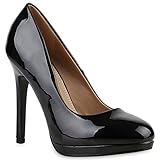  Damen Lack Pumps Stiletto High Heels Metallic Party Abend Plateau Plateau Pumps Schuhe 123680 Schwarz Lack 36 Flandell