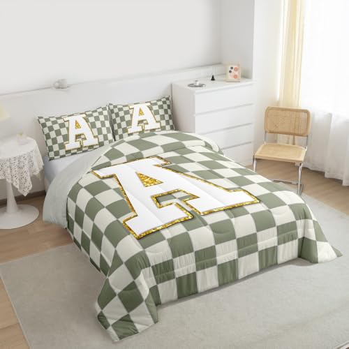 Image of Erosebridal Sage Green Checkered Comforter Set Full Plaid Initial A Bedding Set Personalized Monogram Comforter for Kids Adults,Fashion Grids Gingham Quilt Duvet