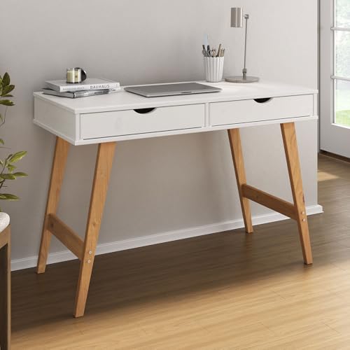 IDIMEX Schreibtisch Milo mit 2 Schubkasten, Massivholz, stabil und langlebig, ideal für Home-Office, weiß/Eiche Farben, Schubladen für Stauraum
