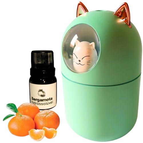 Kit Umidificador Gatinho + Essência Hidrossolúvel + Refil Filtro C/Abajur Led 300ml em Plástico Luz