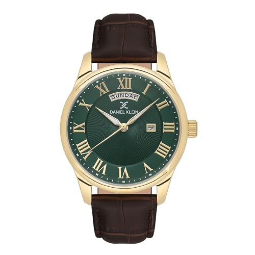 Image of Daniel Klein Analog Green Round Dial Gold Case Brown Leather Strap Day Date with Roman Accents Water-Resistant Wrist Watch for Men Boys DK.1.13819-4