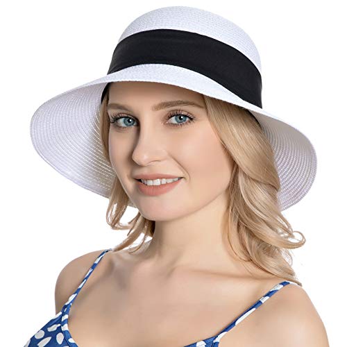 Women Sun Hat Wide Brim Uv Protection Summer Beach Straw Hats Foldable Travel Outdoor Bucket Cap With Bowknot White #TOP1