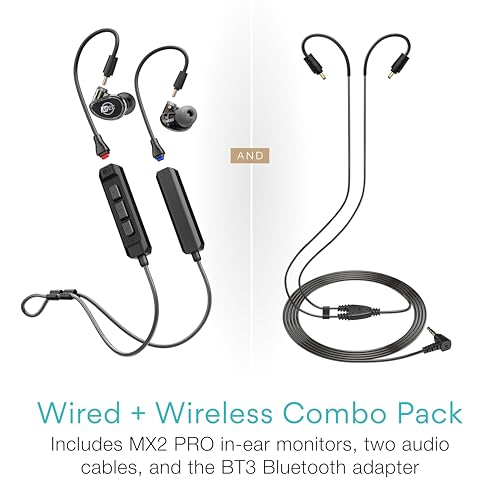 Image of MEE audio MX2 PRO Musicians' in-Ear Monitors Wired + Wireless Combo Pack: Includes MX2 PRO Dual-Driver Hybrid IEMs, 2 Cables, and Hi-Res Bluetooth Audio Adapter w /aptX, LDAC, & Headset (Black)