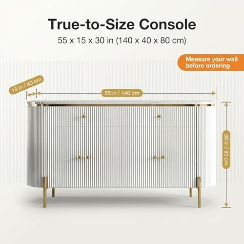 Image of Modern Console Table, 55 x 15 x 30 inch, White Ribbed Design, Marble Top, Gold Accents, 4-Door Storage Cabinet, Waterproof Plywood, PVD-Coated Legs, Elegant Entryway (White)