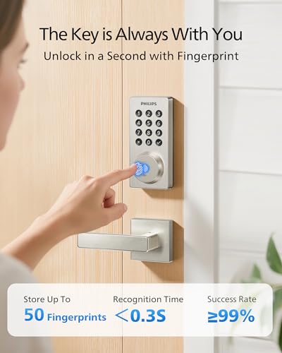 Image of Philips WiFi Keypad Door Lock with Handle, Built-in WiFi, APP Remote Control, Voice & Fingerprint Unlock, Smart Locks for Front Door with Auto Lock, Keyless Entry Deadbolt, Satin Nickel