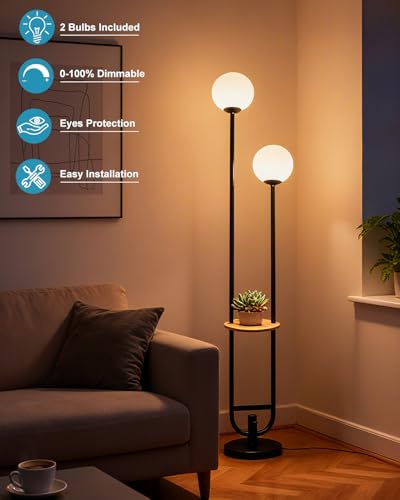 Image of 63IN 2-Globe Floor Lamp Dimmable Tall Standing Lamps with Table 3000K Warm White Unique Vintage Modern Mid Century Floor Lamp with 5Lbs Heavy Base for Living Room-Black