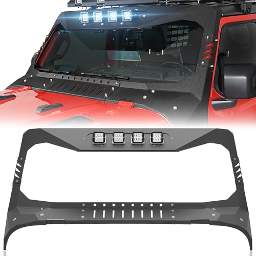 YZONA for JL JT Windshield Frame Cover Madmax Roof Sun Visor Cowl Body Armor with 4 LED Lights Insert Compatible with 2018-2026 Jeep Wrangler JL JLU & Gladiator JT (Excluding JT Mojave & JL 4xe)