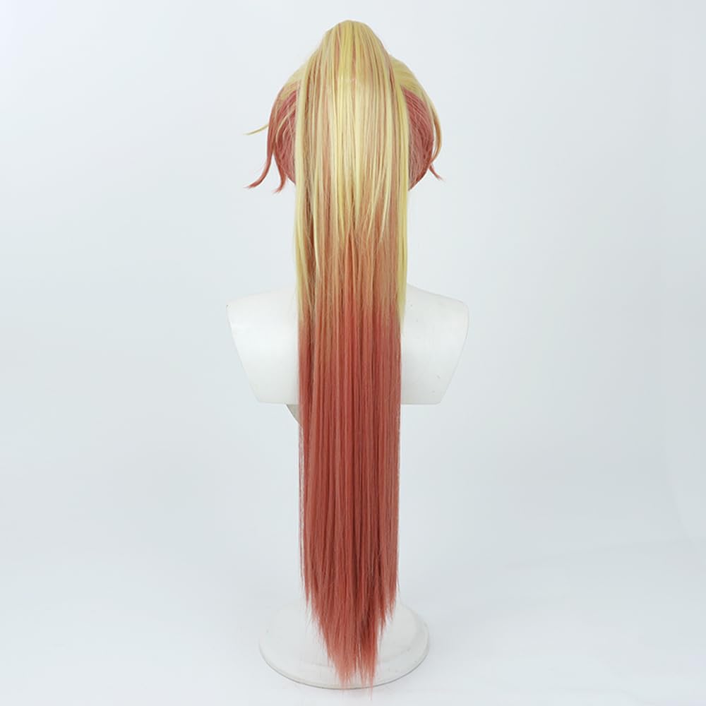 Blonde Gradient Red High Ponytail Wig Side parted bangs clip high ponytail cos anime show Simulation wig 95cm 37inch