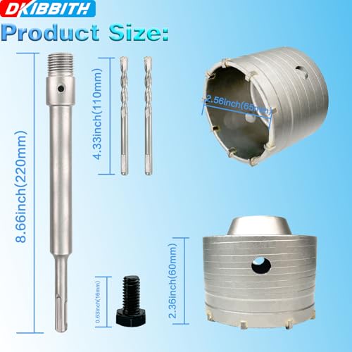 Image of 2-1 /2 inch Concrete Hole Saw, Tungsten Steel Core Bit for Cinder Block, Brick, Rock, Plank Walls for Pipes or mini Split Lines, with SDS Plus Shank and 2 Center Positioning Drill Bits.