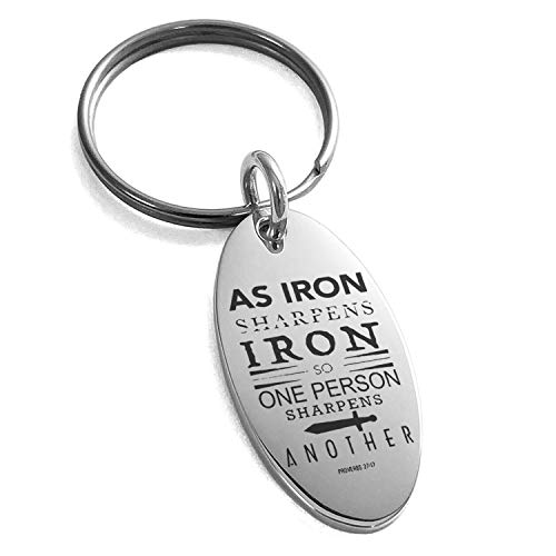 Stainless Steel As Iron Sharpens Iron Proverbs 27:17 Small Oval Charm Keychain Keyring