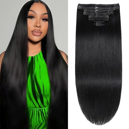 Image of 14 Inch Jet Black Clip in Hair Extensions Real Human Hair, 8pcs /60g Seamless Invisible Human Hair Clip in Extensions for Women, 10A Brazilian Virgin Remy Human Hair Extensions Clip ins Double Weft