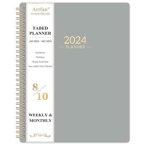 2024 Planner - Planner/Calendar 2024, Jan 2024 - Dec 2024, 2024 Planner Weekly and Monthly with Tabs, 8" x 10", Flexible Cover + Thick Paper + Twin-Wire Binding + Calendars, Perfect Daily Organizer - Grey