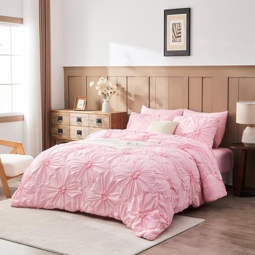 Image of Pink Comforter Set Queen Size Bed in A Bag 7 Piece Pinch Pleat Bedding Set, Pintuck Ruched Flowers Bed Set with Comforter, Sheets, Pillowcases & Shams