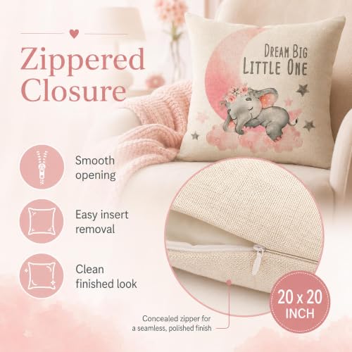 Image of Dream Big Little One Baby Elephant Throw Pillow Cover 20x20 Inch | Watercolor Pink Moon Stars Nursery Decor, Cotton Linen Cushion Case for Baby Girl Room Bedroom Sofa Rocking Chair