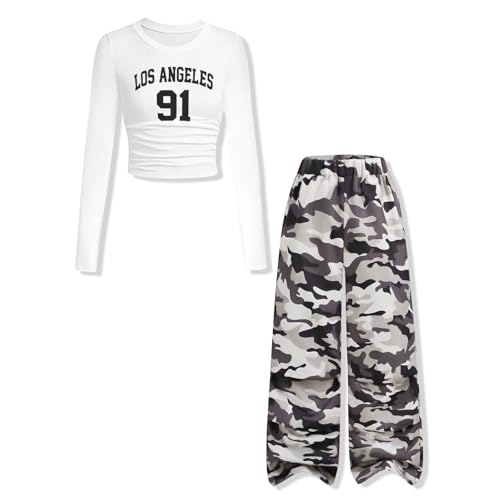 Yoxindax Girls Clothes Tween Girl Outfits Long Sleeve Ruched Top Camo Cargo Relaxed Pocket Pants Set(9-10Y)