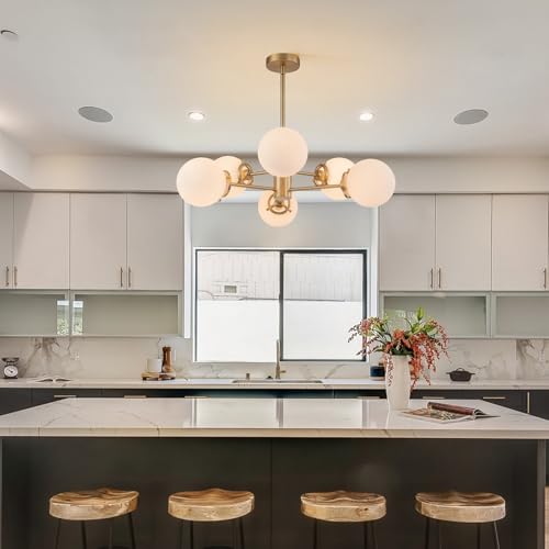 Image of 6-Lights Sputnik Chandeliers Gold Mid Century Modern Chandelier Fixture with Milk White Globe Glass, Dining Light Fixtures Ceiling Hanging for Living Room Bedroom Kitchen Island Foyer