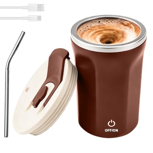 Tasse à café électrique automatique de 380 ml, tasse mélangeur automatique avec paille, tasse magnétique, gobelet mélangeur électrique pour café, protéines, thé, en poudre, thé (marron)