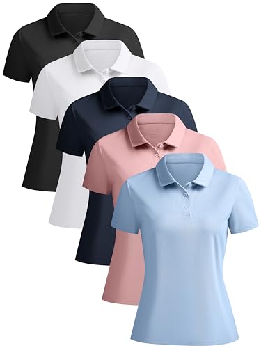 NebuKinex 5 Pack Women's Polo Shirts Short Sleeve 3 Buttons Collared Uniform Tops Moisture-Wicking T-Shirts for Work & Casual Large
