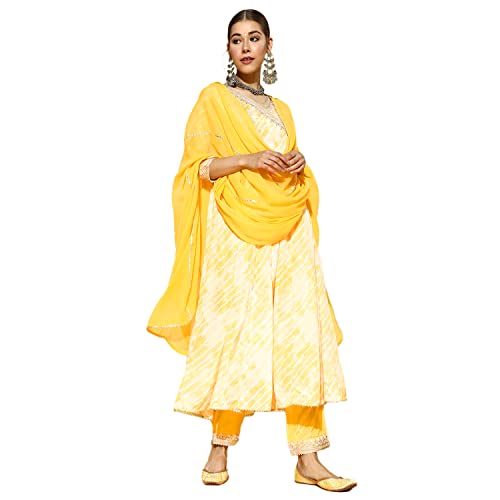Image of ishin Women's Silk Tie & Dye Zari Embroidered Anarkali Kurta Trouser Dupatta Set