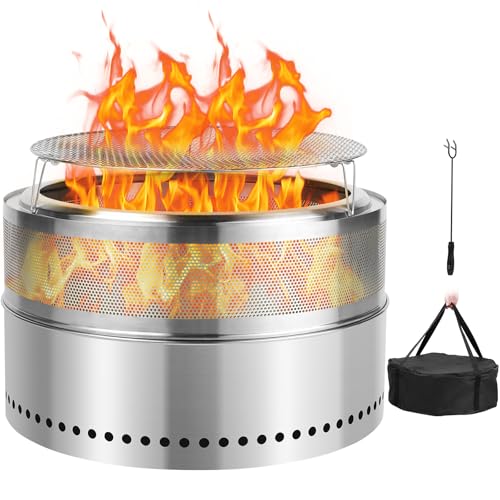 SMOOL 68cm Feuerschalen Rauchfreie Feuerschale mit Grillrost + Schürhaken + Mehrzwecktasche, Abnehmbarer Aschekasten, Edelstahl Feuerstelle für Terrasse, Garten, Camping & Outdoor, Tragbar, Raucharm