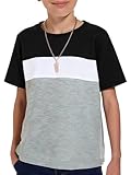 Haloumoning Boys Short Sleeve Shirts Kids Fashion Tops Crewneck Color Block Tees 5-14Y Black