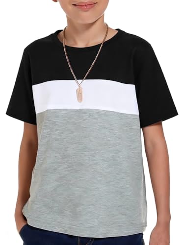 Haloumoning Boys Short Sleeve Shirts Kids Fashion Tops Crewneck Color Block Tees 5-14Y Black