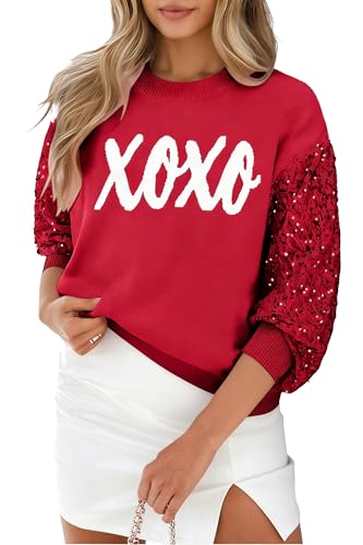 Valentines Sequin Sweater Womens Love Heart Valentines Day Outfit Crewneck Long Sleeve Holiday Knit Pullover Top
