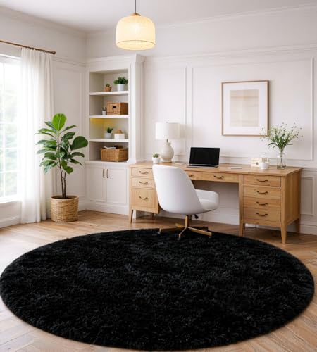 Rohatim Alfombras Salón Redonda Pelo Largo Alfombra Habitación Dormitorio Lavables Alfombra Antideslizante Muy Suave Para Salón O Dormitorio, Alfombra Esponjosa De Cama Negro,Ø 100 Cm Ronda