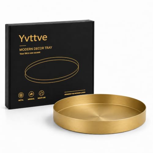Yvttve Deko Tablett Gold Rund | Design Dekoteller und Dekotablett aus Metall | Edelstahl Serviertablett Kerzenteller Goldfarben (Golden, Ø 20 cm)