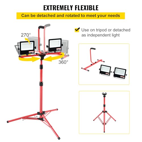 VEVOR LED Work Light with Stand, 2PCS 10000 Lumen Dual-head LED Work Light with 27.6"-68.1" Adjustable and Foldable Tripod Stand, IP65 Waterproofed LED Tripod Work Light, with 5000 K Color Temperature by VEVOR - Image 5