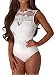 Shawhuwa Womens Sexy Floral Lace High Neck Sleeveless Bodysuit Clubwear S White