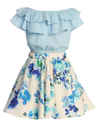 Image of Cold Shoulder Crop Top Ruffle Layered Top Flower Girl Skirt Sets for Girl
