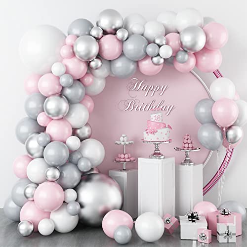 Guirlande de ballons rose clair argenté blanc, ballons en latex argentés métalliques Ballons en latex pour filles femmes anniversaire baby shower mariage fête remise des diplômes décorations Cover